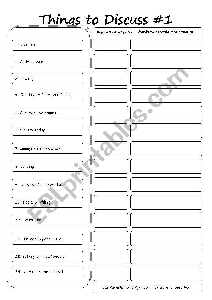 Things to Discuss #1 worksheet
