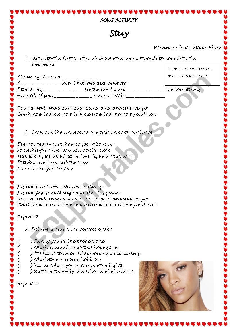Stay Song Activity worksheet