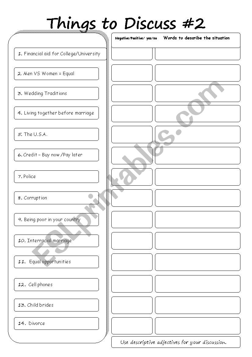 Things to discuss #2 worksheet