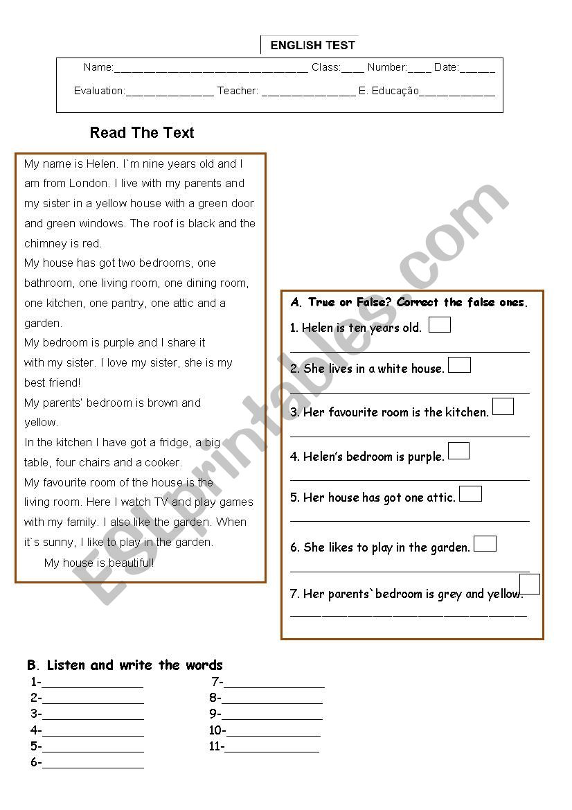 Test-Writen and listening comprehension(house)