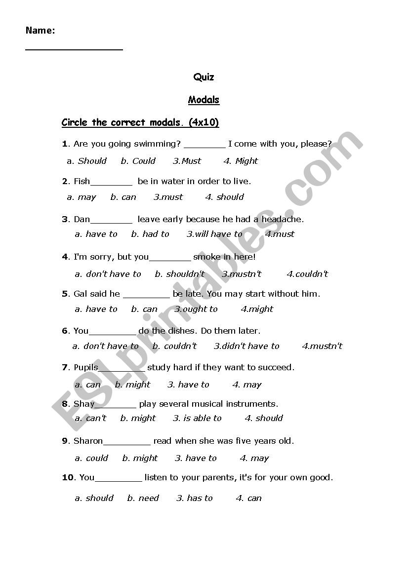 Modals - Quiz - can / could / should / must / would / may/ might