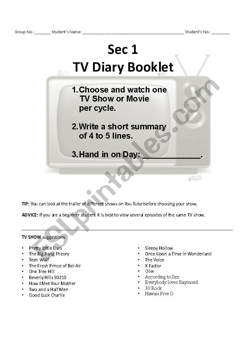 TV Diary worksheet