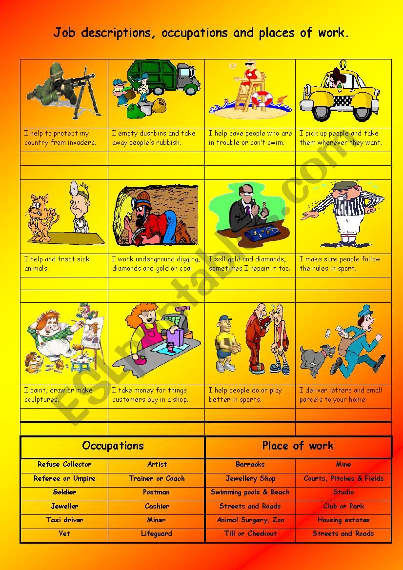 Job descriptions, occupations and paces of work