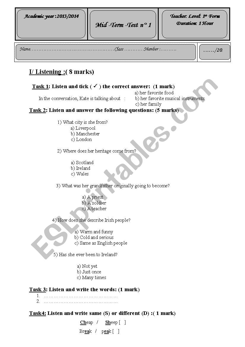 Mid term test 1 for 1st formers