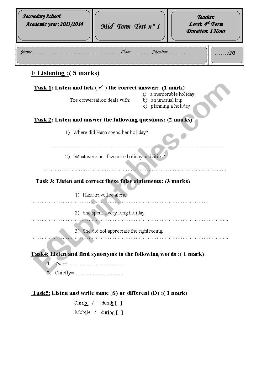 Mid term test 1 for 4th formers