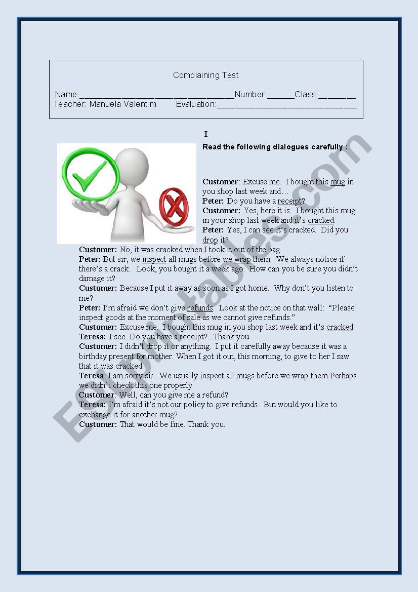 Complaints test worksheet