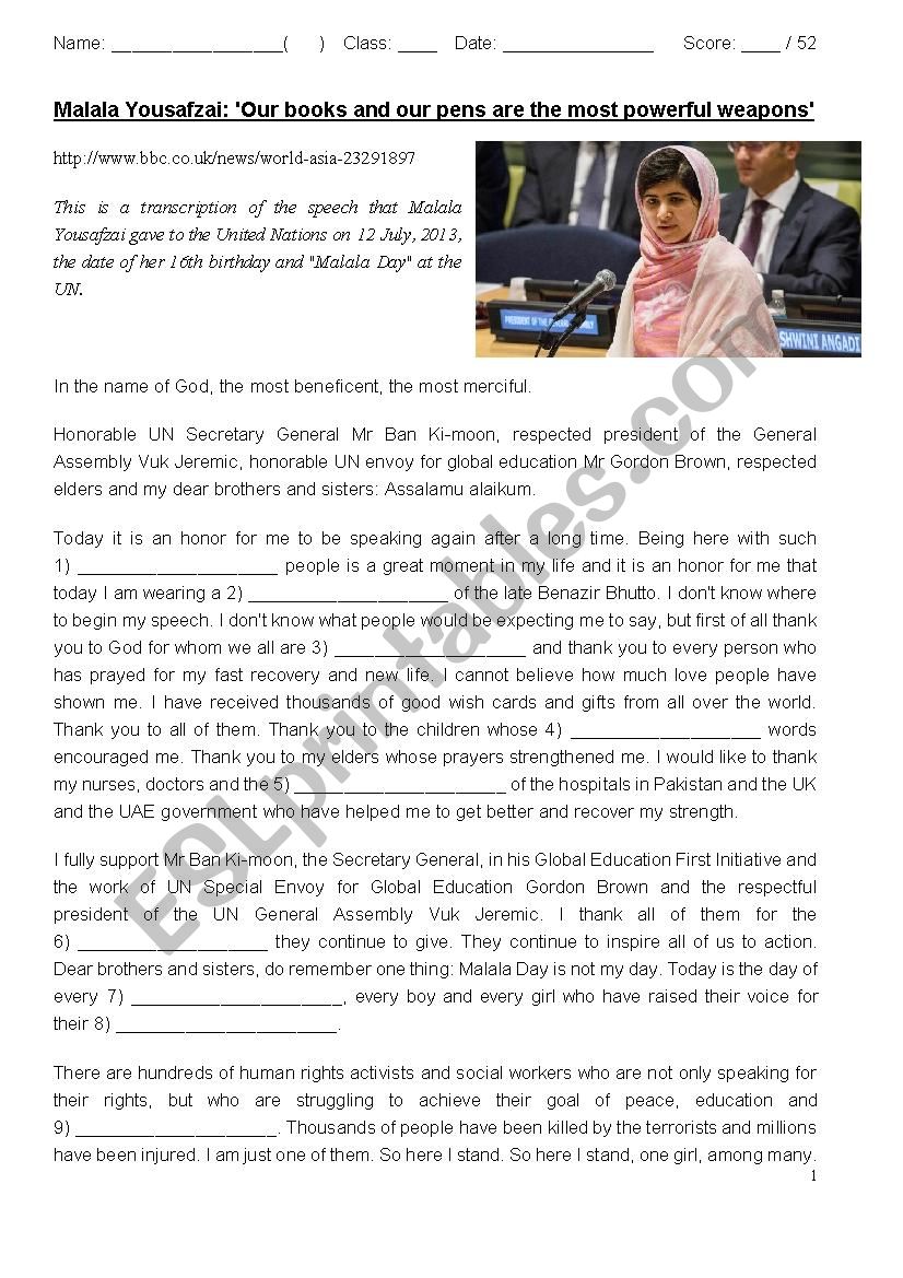 MalalaÂ´s Speech: Â´Our books and our pens are the most powerful weaponsÂ´