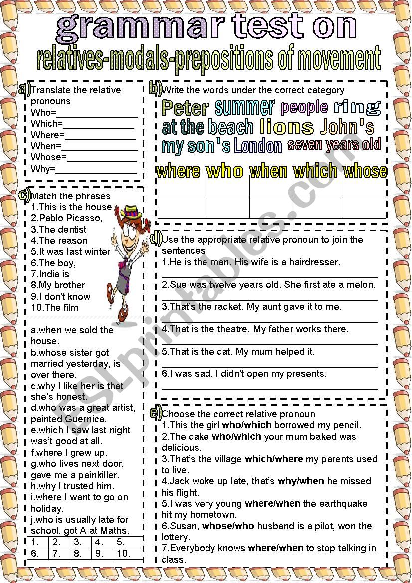 Grammar test on relatives-modals-prepositions of movement