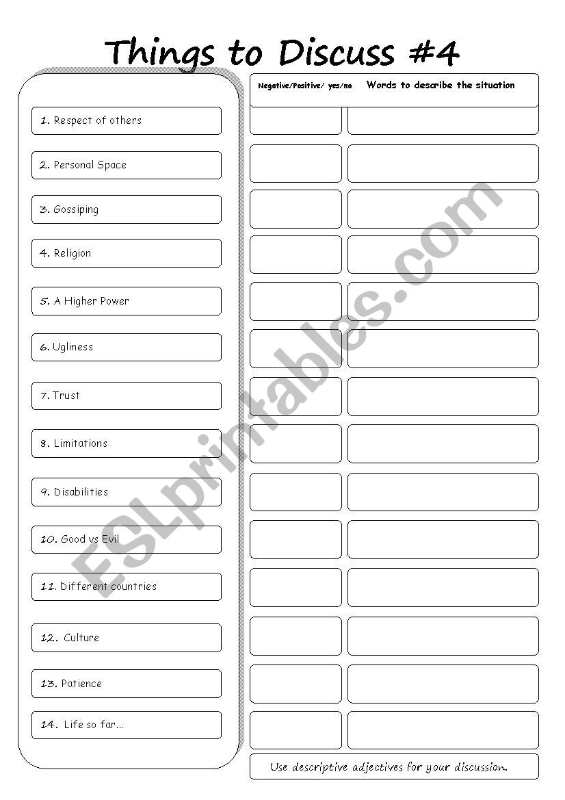 Things to discuss #4 worksheet