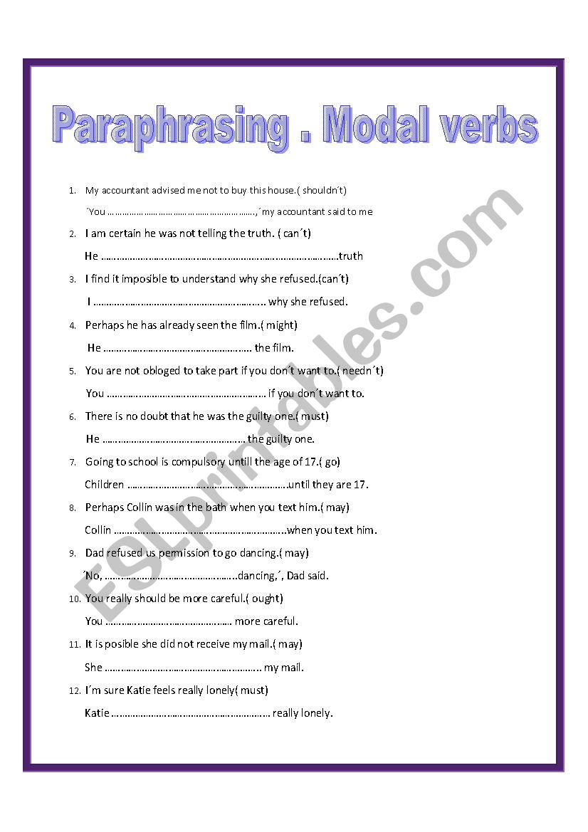 Paraphrasing with modal verbs worksheet