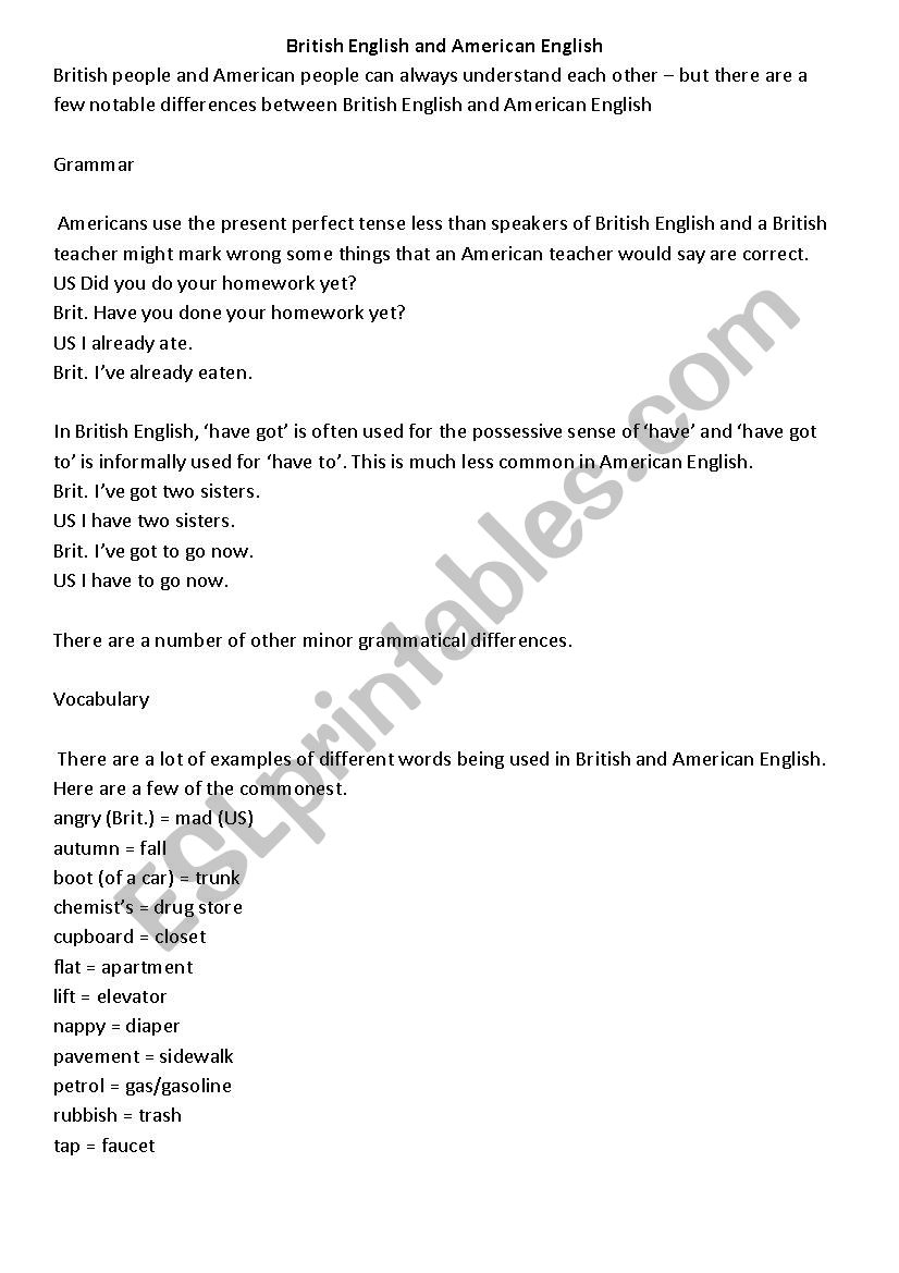 British and American English worksheet