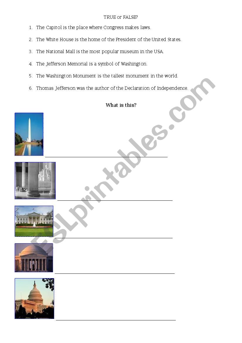 Washington monuments quiz worksheet