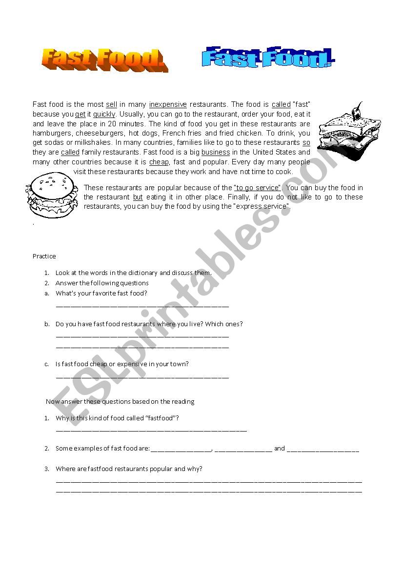 fast food worksheet