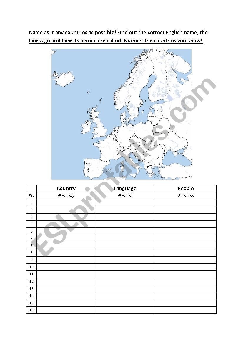 European countries worksheet