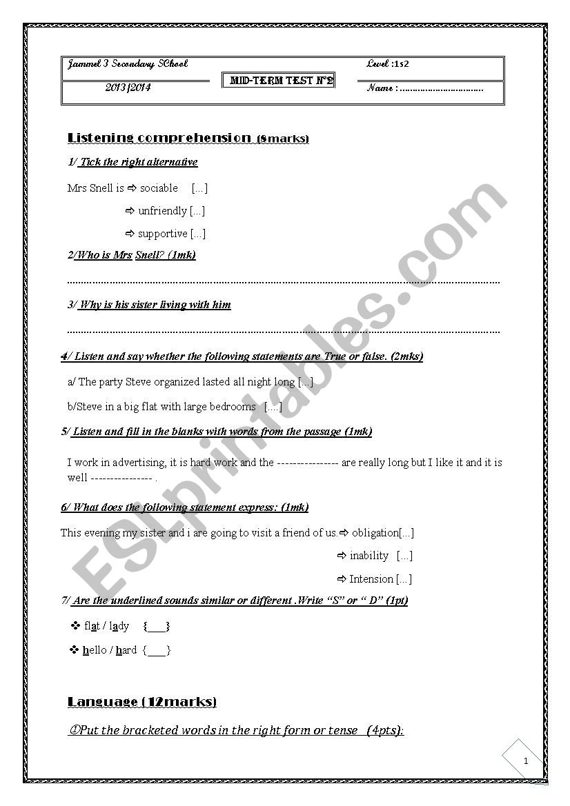 english test NÂ°2 - ESL worksheet by ladyrosa