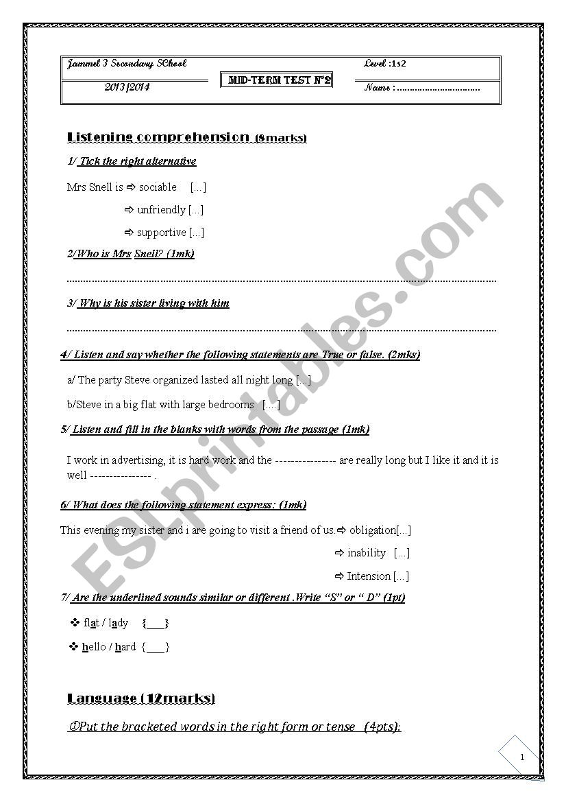 english test N2 worksheet