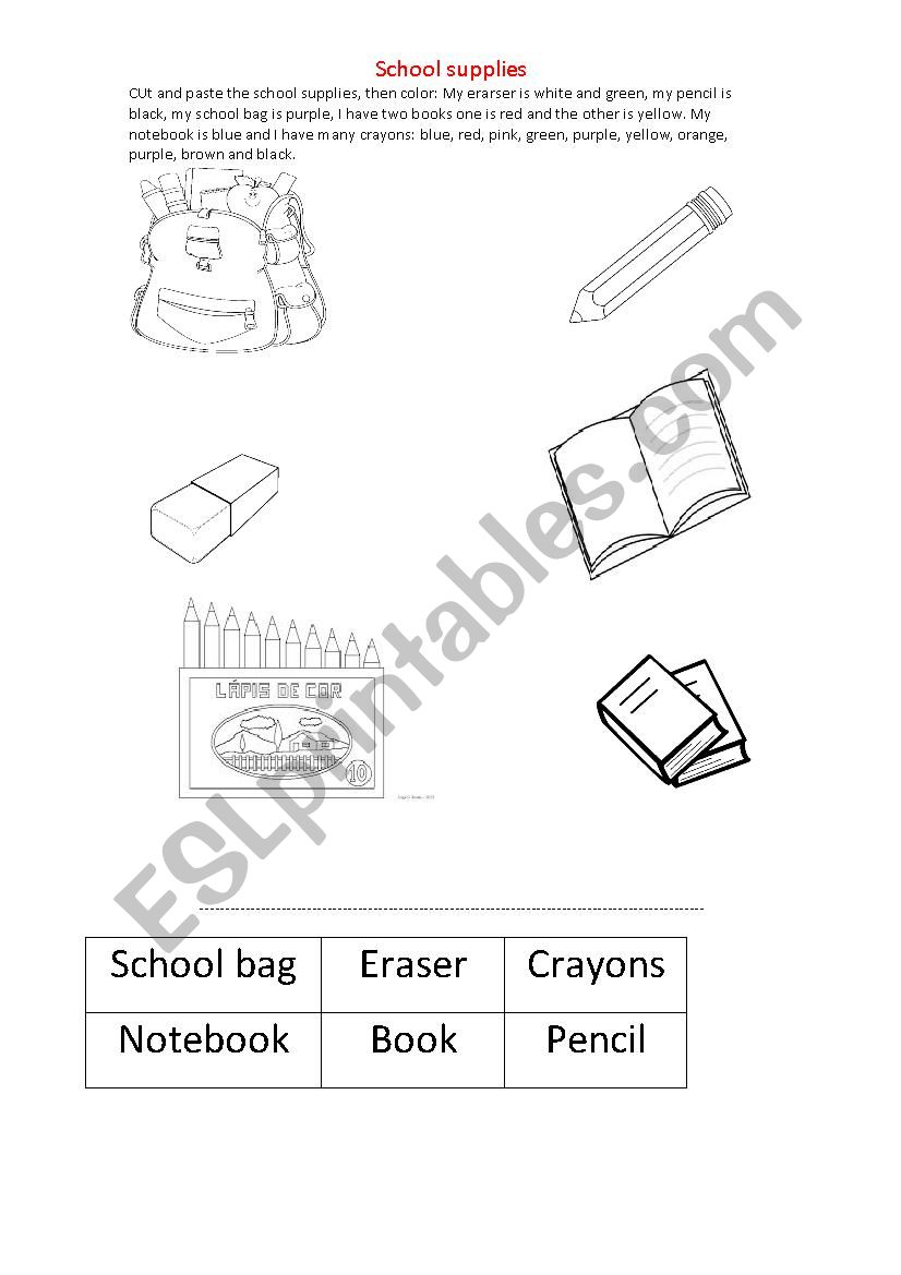 School supplies worksheet