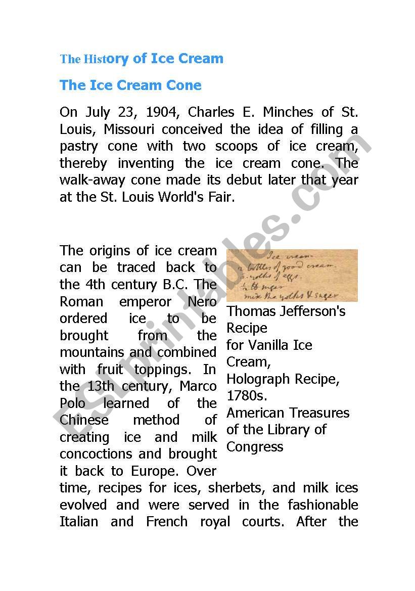 The History of Ice Cream worksheet