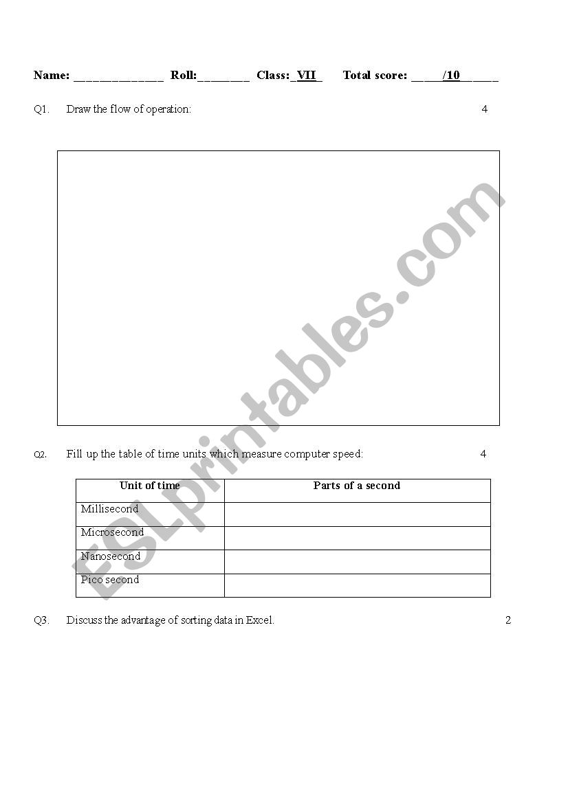 Computer speed worksheet