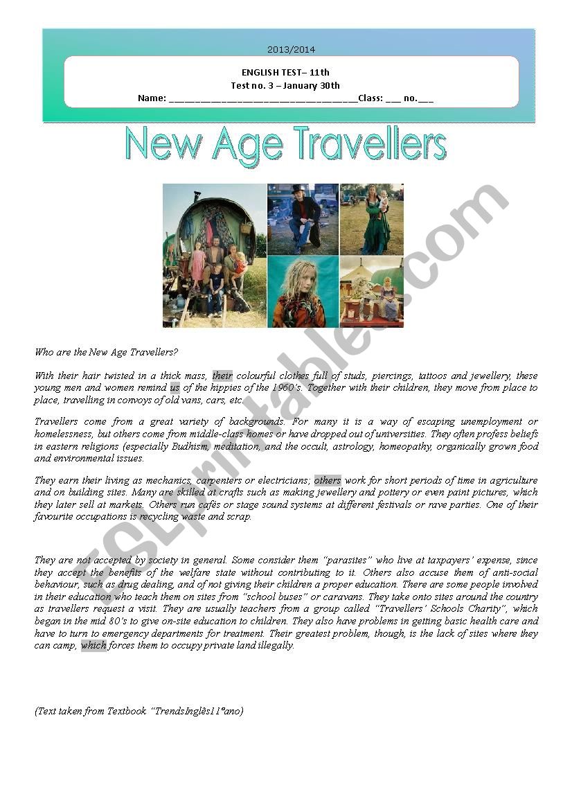 Test - New Age Travellers worksheet
