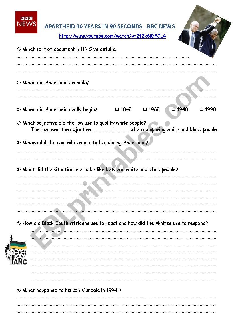 Apartheid - video study. worksheet