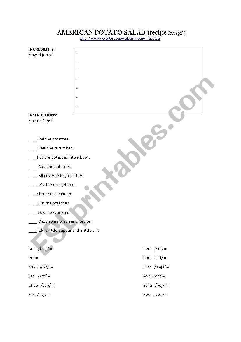 American potato salad worksheet