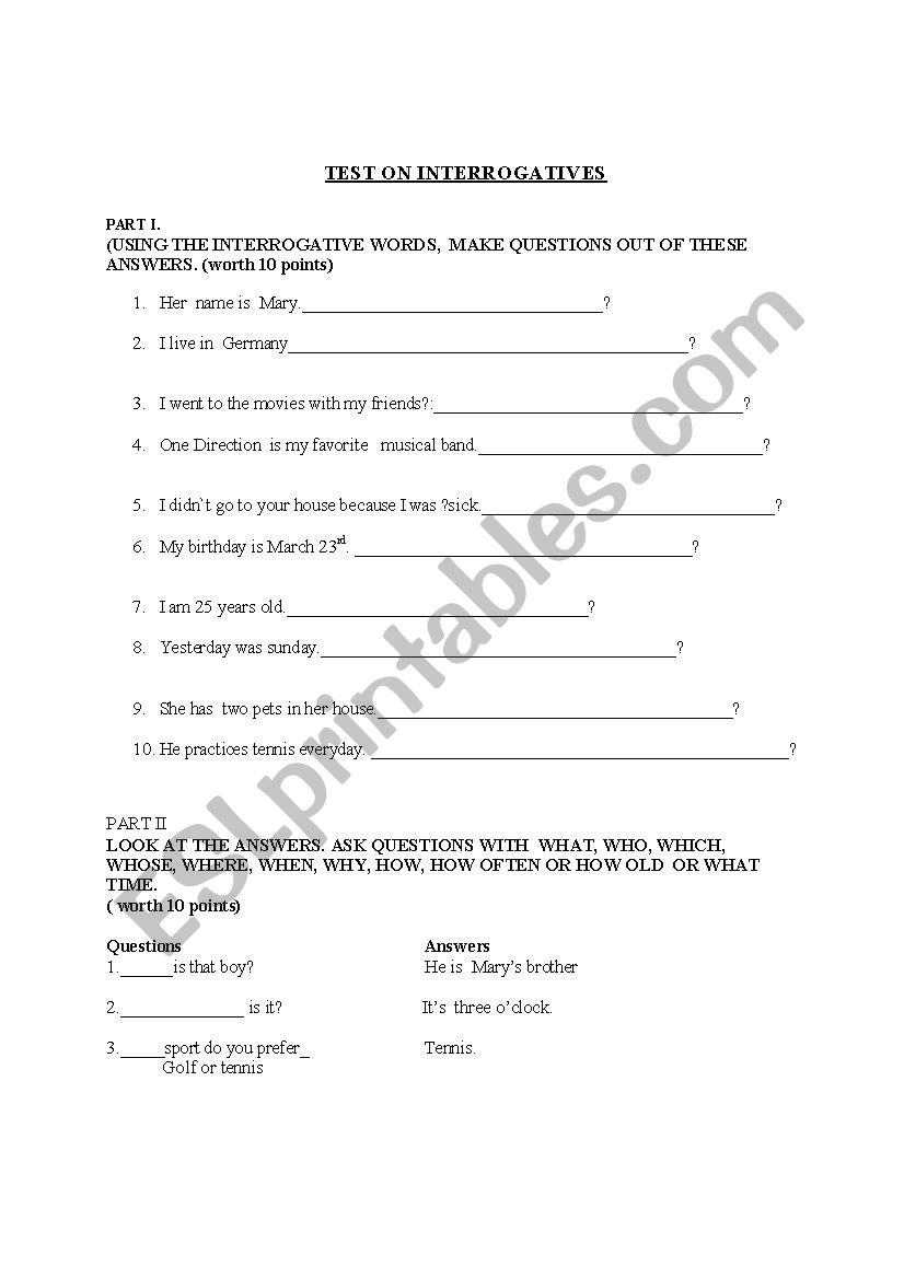 interrogatives worksheet