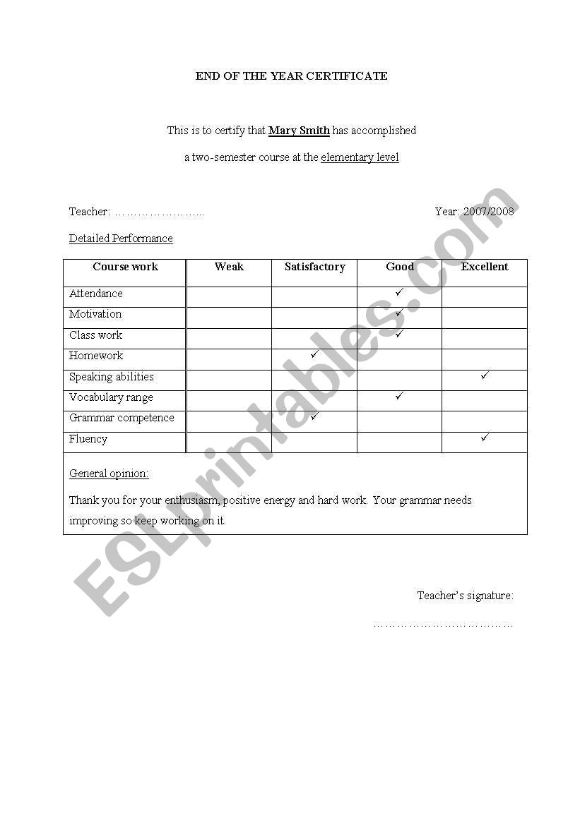 END OF THE YEAR CERTIFICATE worksheet