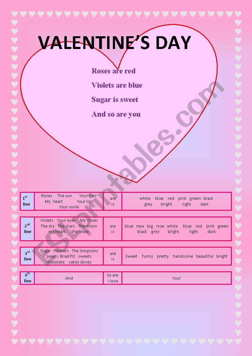 VALENTINES DAY SHORT POEMS worksheet