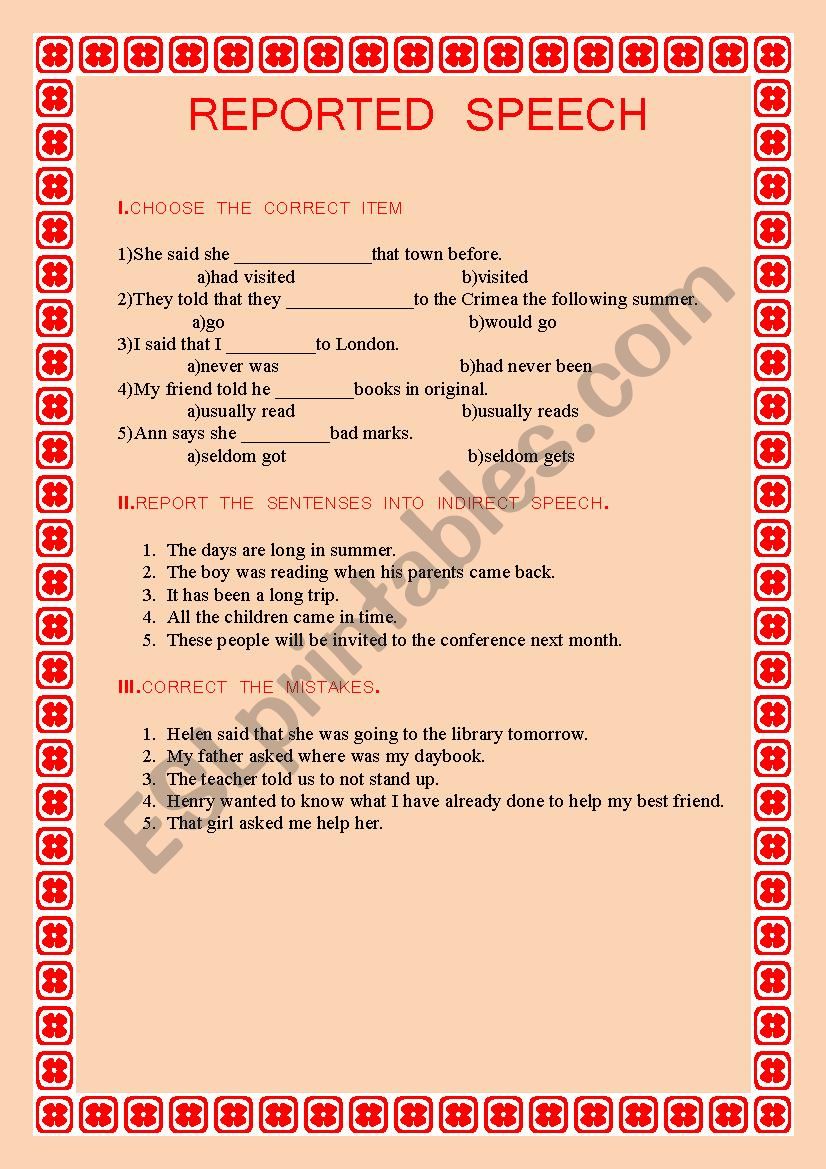 REPORTED SPEECH worksheet