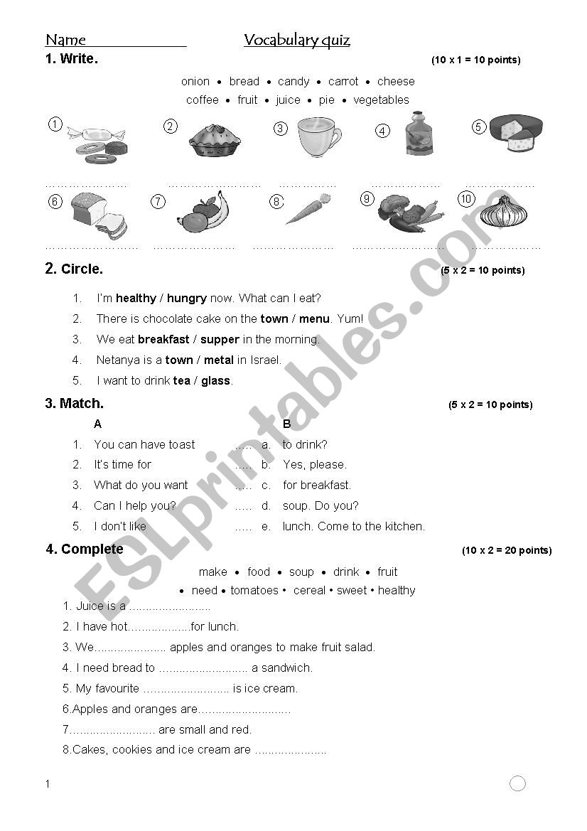 Vocabulary quiz about food worksheet