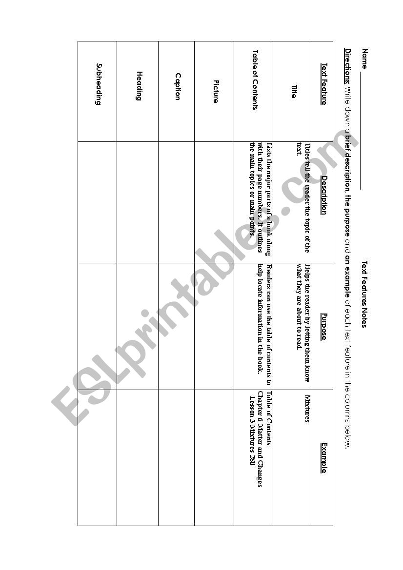 Text Features Notes worksheet