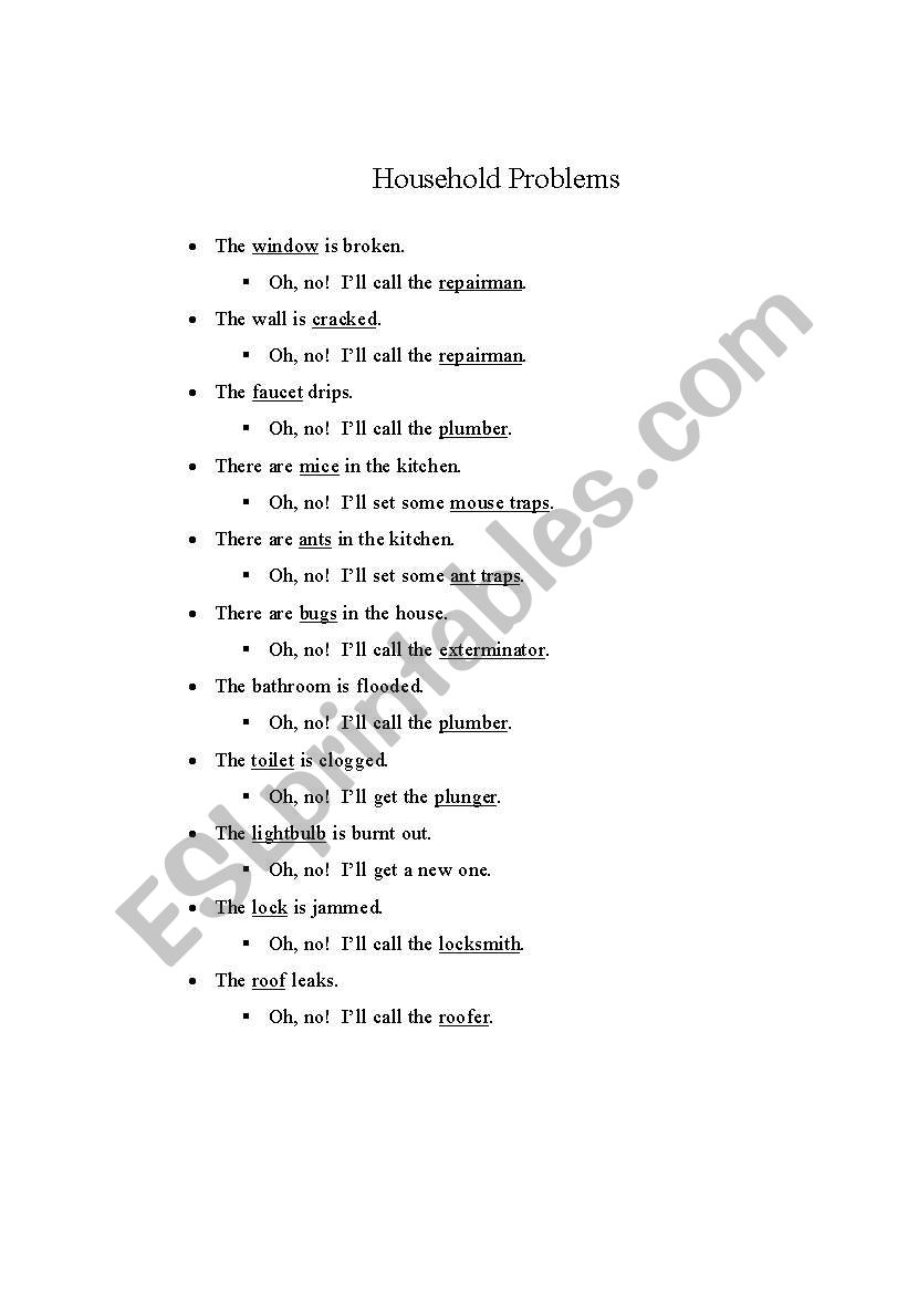 Household Problems worksheet