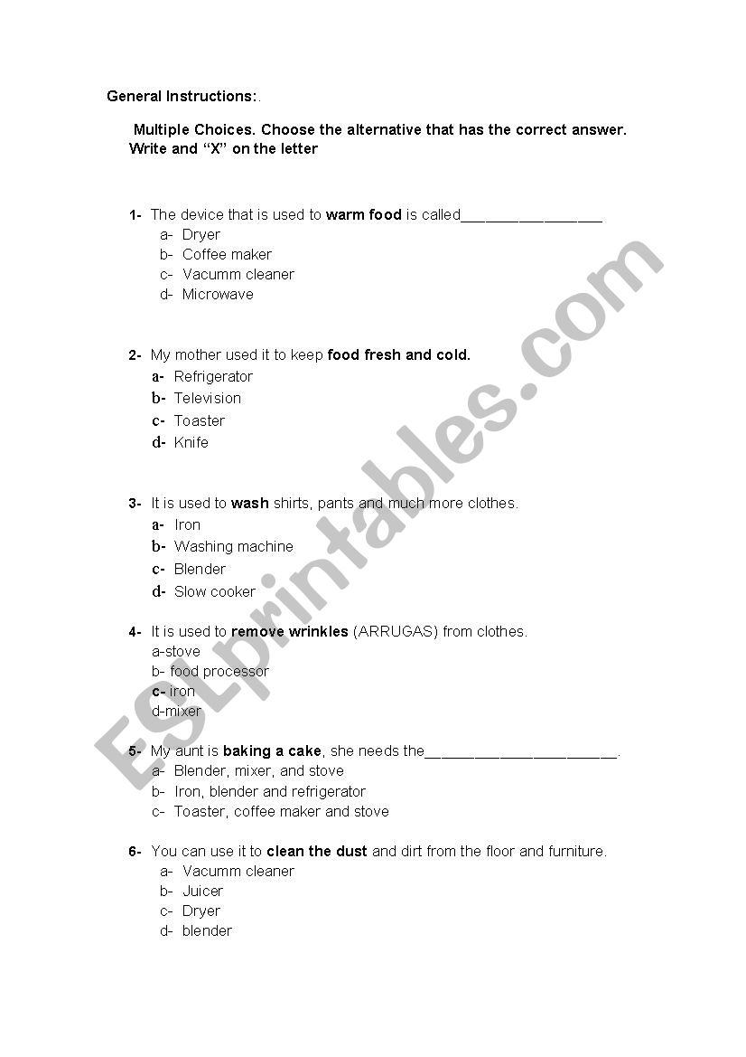 electrical appliances worksheet