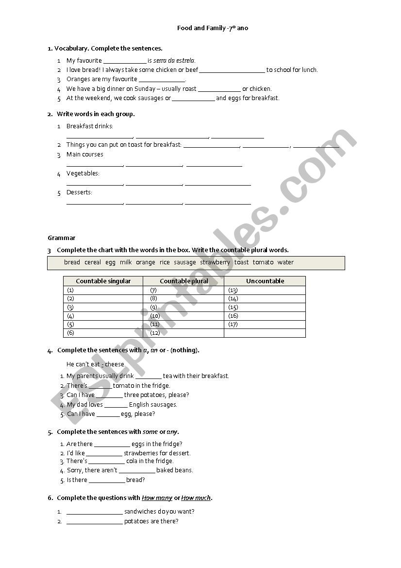 food-family  worksheet