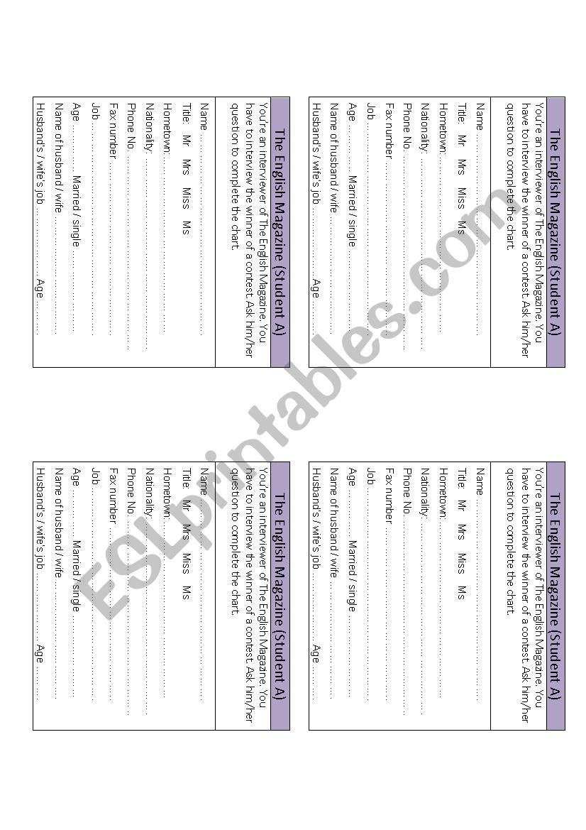 Personal Information worksheet