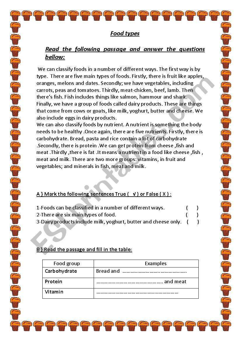 food types  worksheet