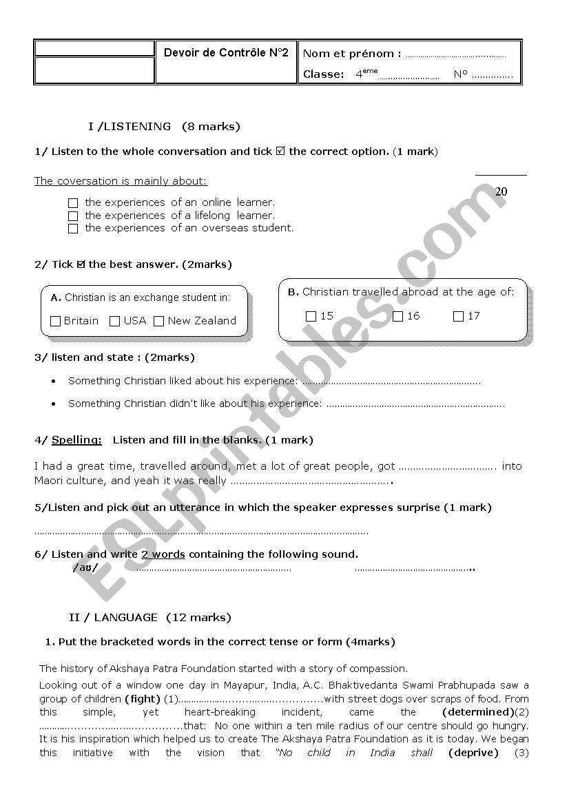 English test nÂ°2 fourth form tunisian school