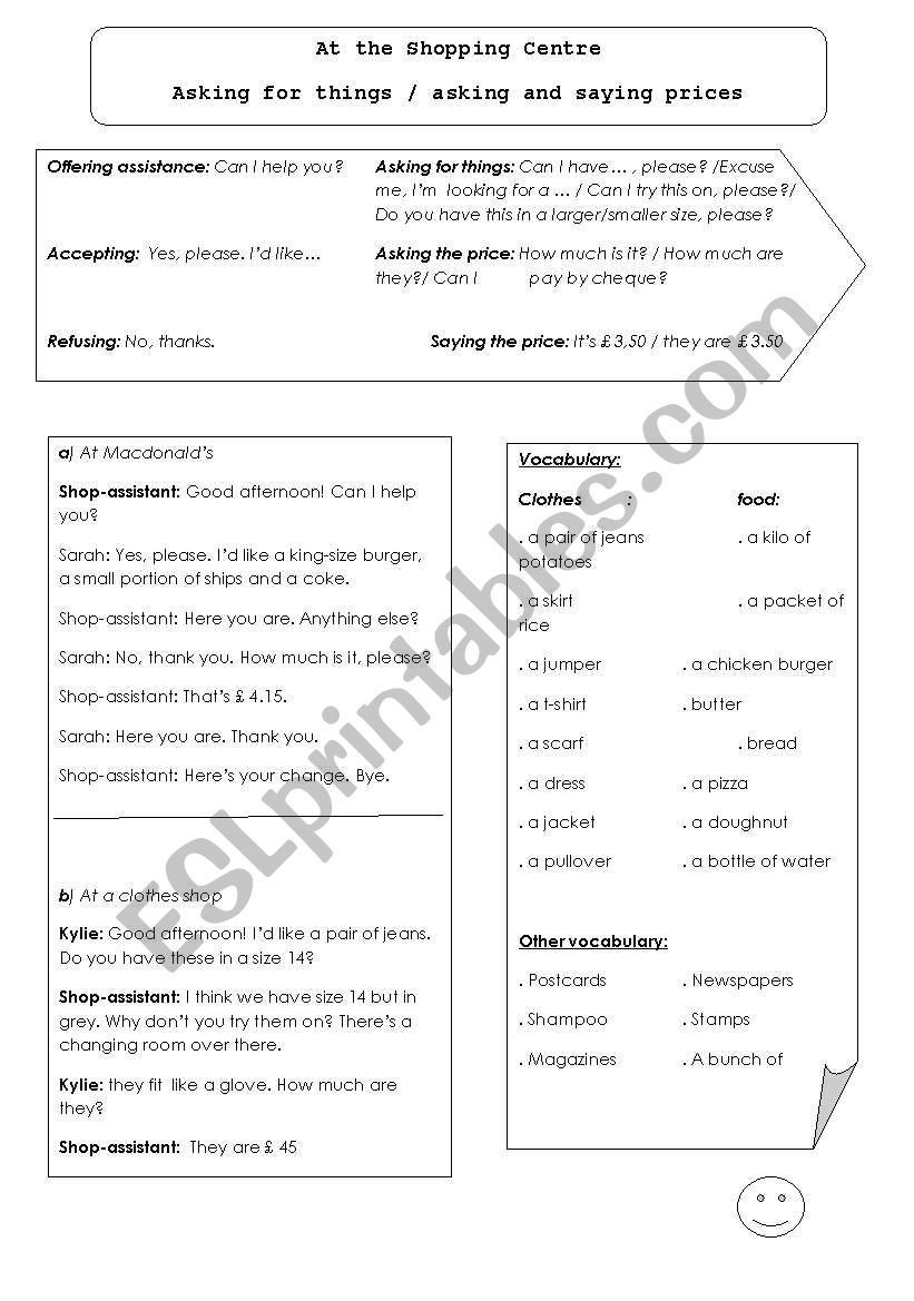 at the shopping centre worksheet