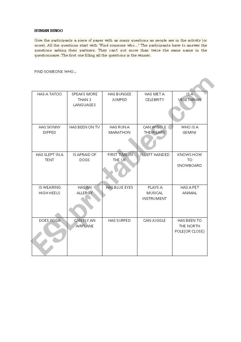 HUMAN BINGO worksheet