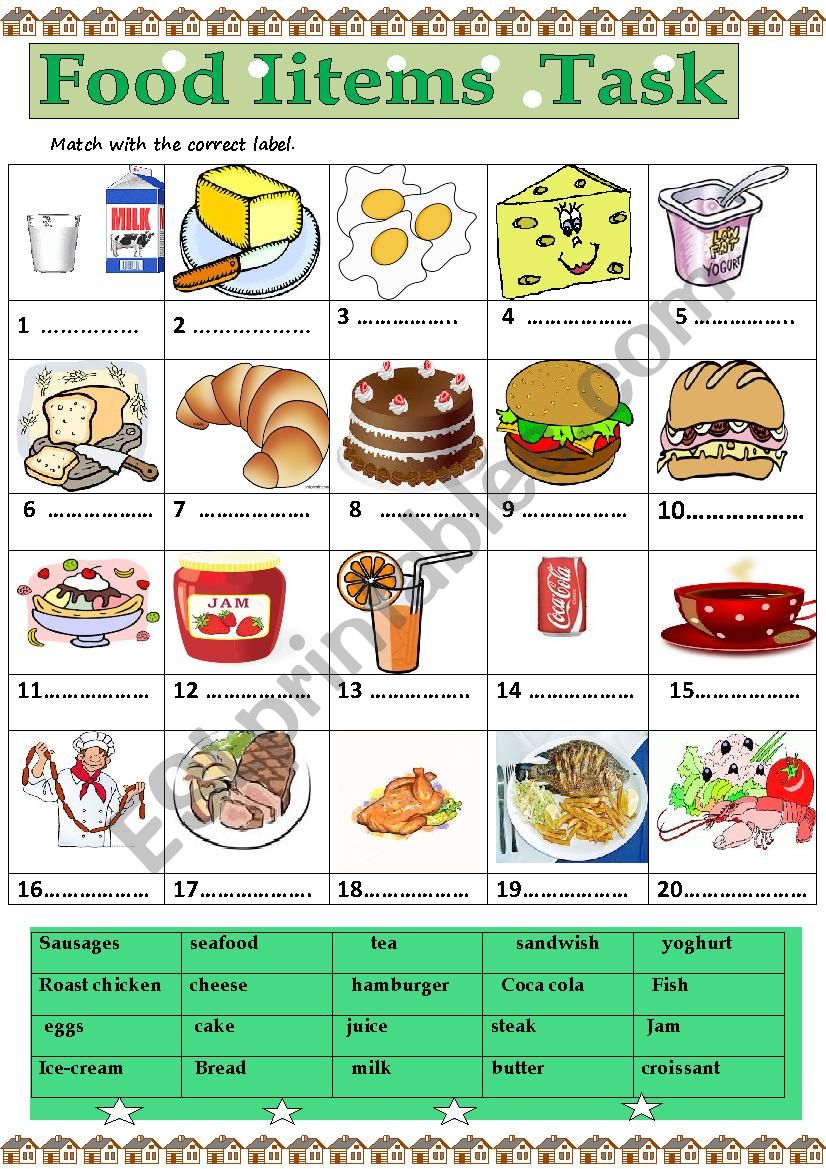 food items task worksheet