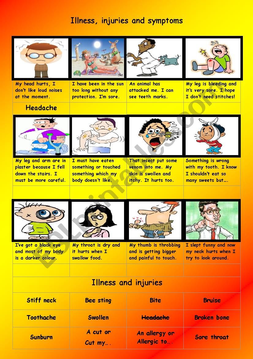 Illness, injuries and symptoms - ESL worksheet by Anthoni