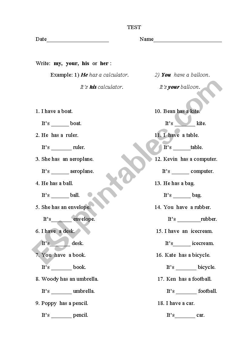 TEST POSSESSIVE PRONOUNS worksheet