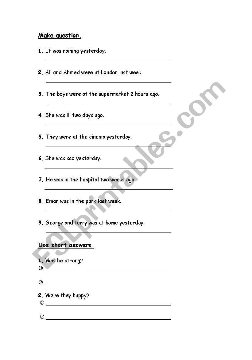 VERB TO BE IN THE PAST worksheet