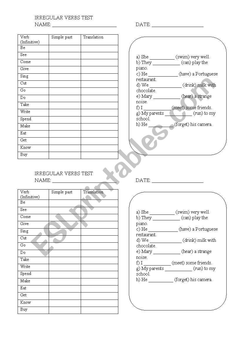 Irregular Mini-test worksheet