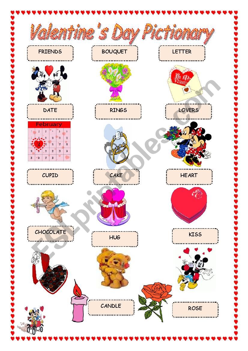 Valentines day pictionary worksheet