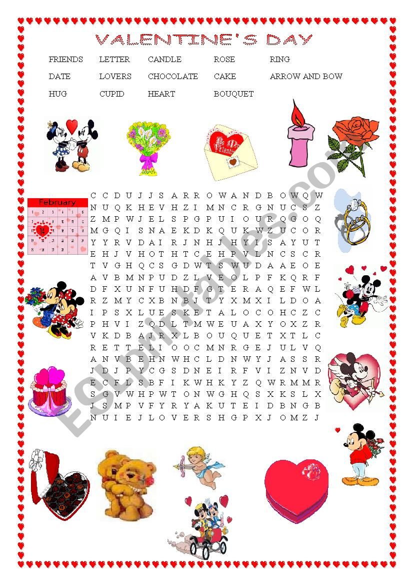 Valentines day wordsearch worksheet