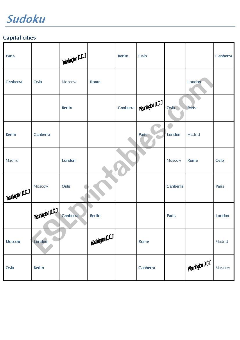 Sudoku: capital cities worksheet