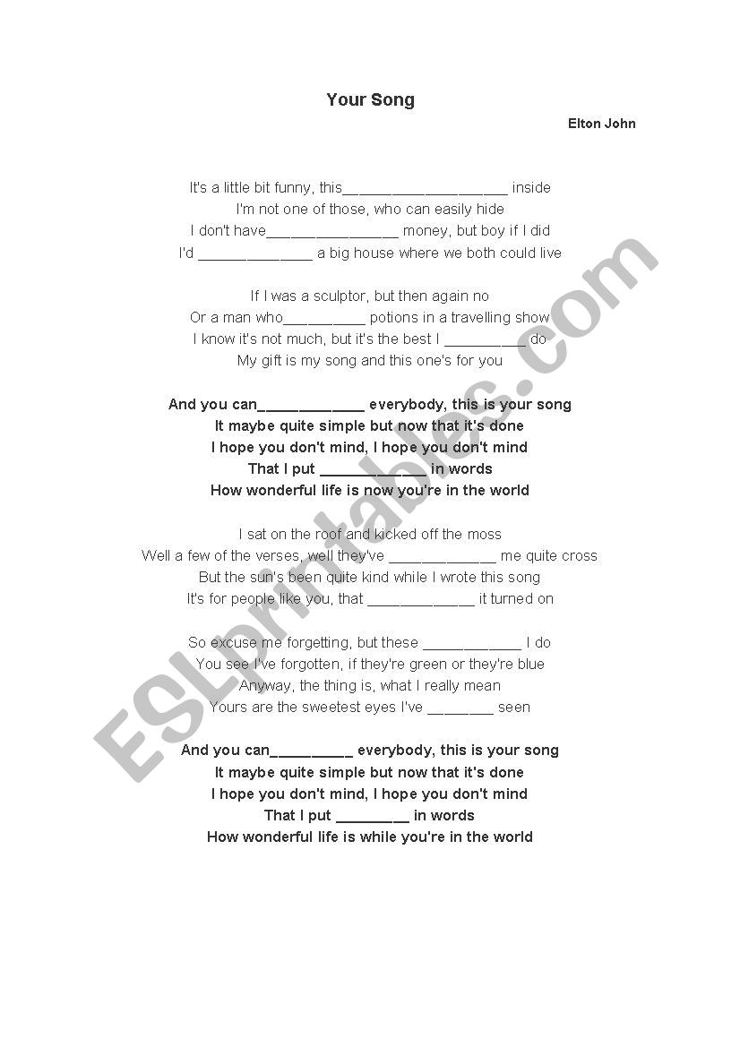 Your Song - Elton John worksheet