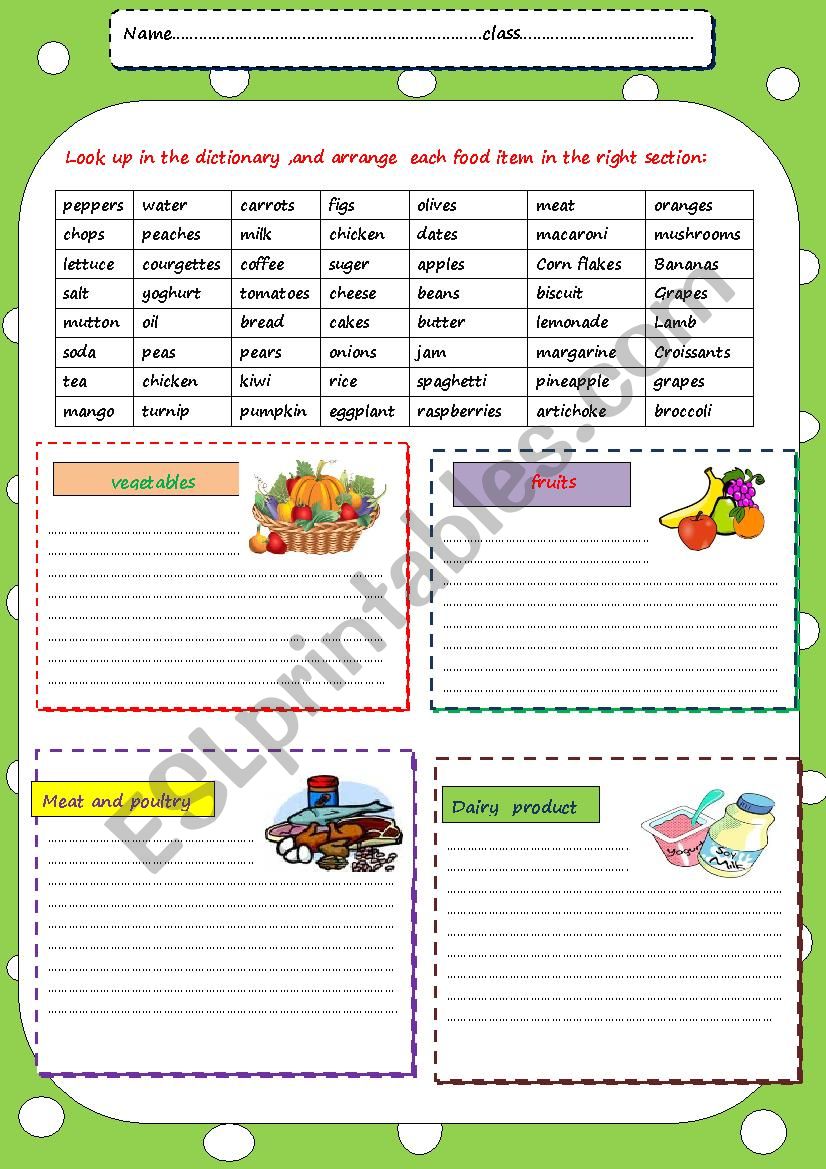 classify food items worksheet